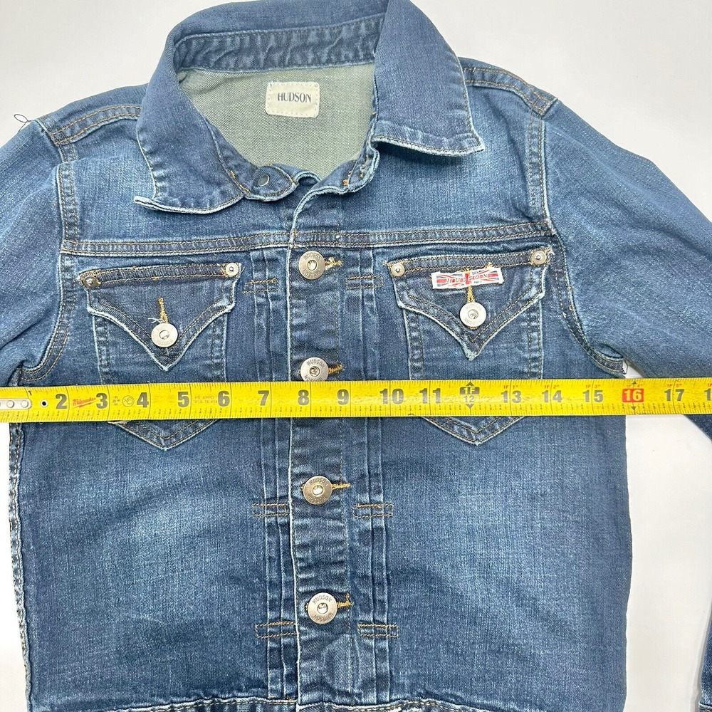 Hudson Girls Jean Jacket Blue Distressed Medium Wash Stretch Collared Pockets M - Picture 9 of 10